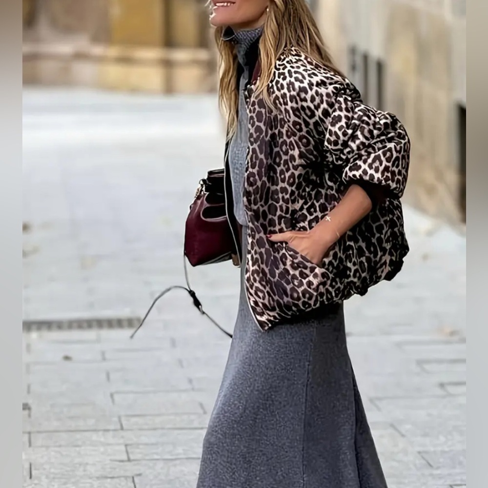 Women's Burgundy Bomber Jacket with Leopard Trim - Picture 2 of 7